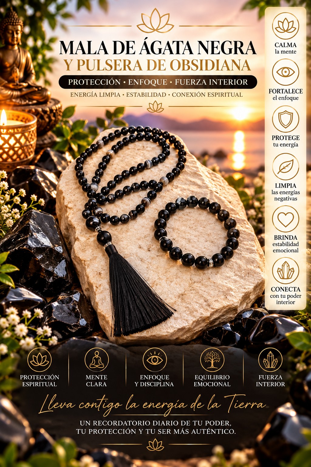 Mala de Ágata Negra y Pulsera de Obsidiana